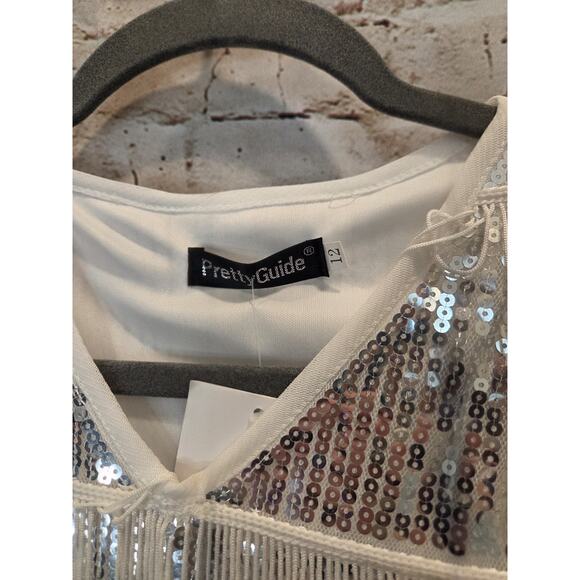 Pretty Guide Sequins Silver Dress With Fringes Short Sleeve Size 12 - Picture 2 of 4